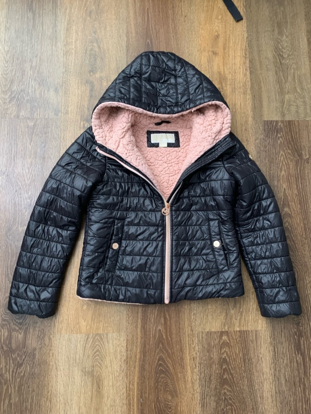 MICHAEL Michael Kors Black Quilted Puffer Jacket with Pink Sherpa